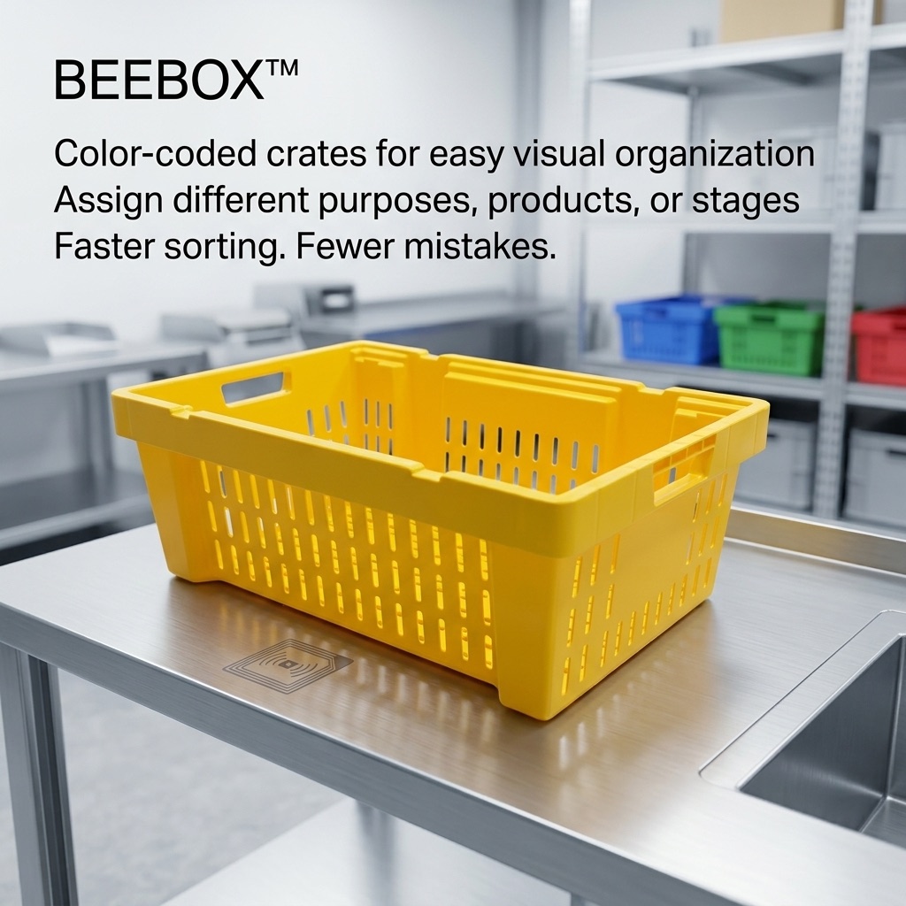 Color-coded BEEBOX crate for visual organization and sorting