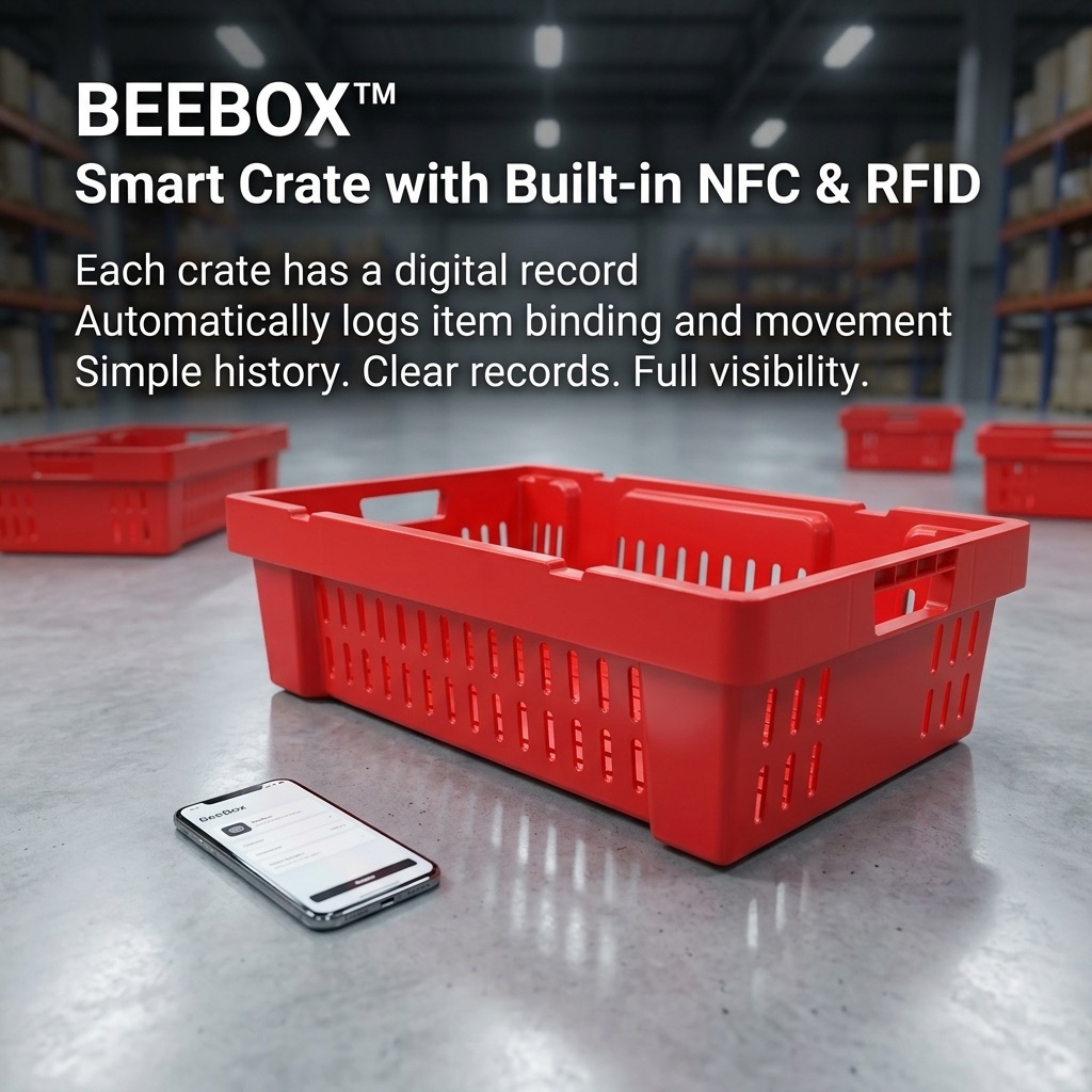 BEEBOX smart crate with built-in NFC and RFID for digital records