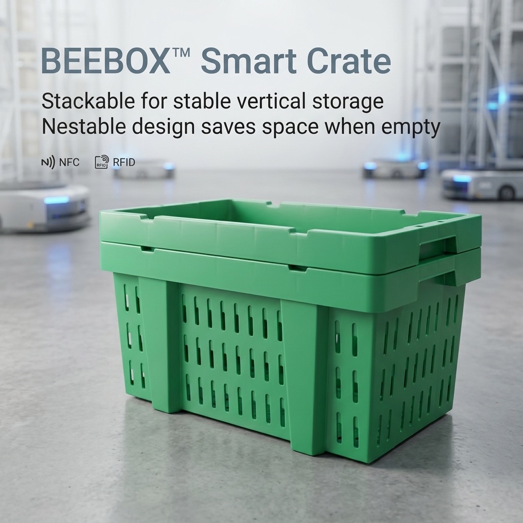 Stackable and nestable BEEBOX smart crate with NFC and RFID support