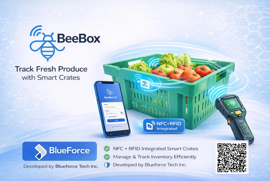 BEEBOX smart crate, mobile app and handheld RFID reader